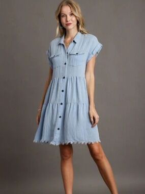 Umgee Feeling Fancy Light Blue Tiered Button-Down Mini Dress